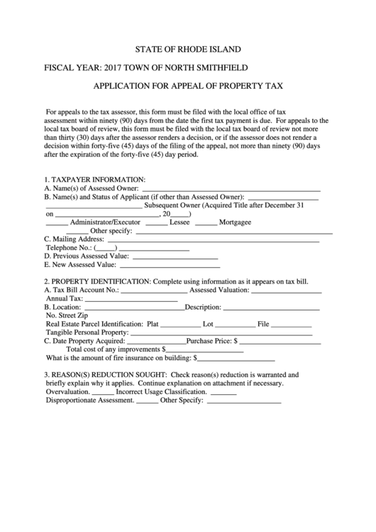 Application Form For Appeal Of Property Tax Printable pdf