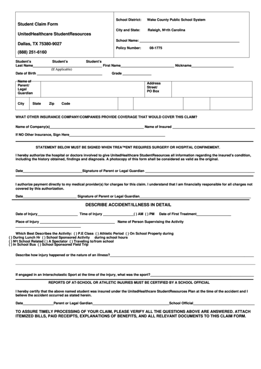 Student Claim Form North Carolina Printable pdf