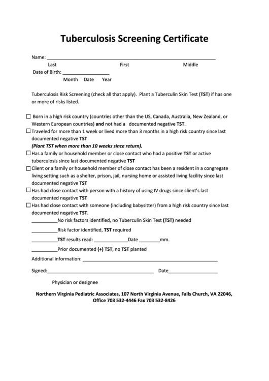 Tuberculosis Screening Certificate Form North Virginia Printable pdf