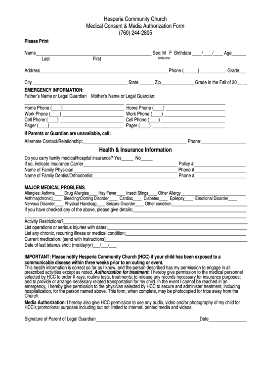 Medical Consent & Media Authorization Form Printable pdf