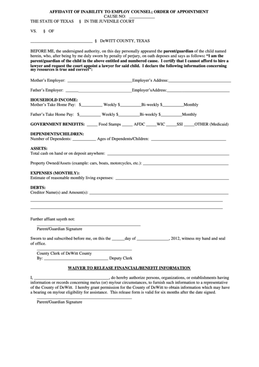 Affidavit Of Inability To Employ Counsel - Order Of Appointment Form Printable pdf