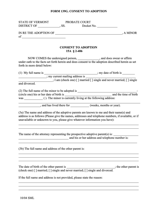 Fillable Form 139g. Consent To Adoption Printable pdf