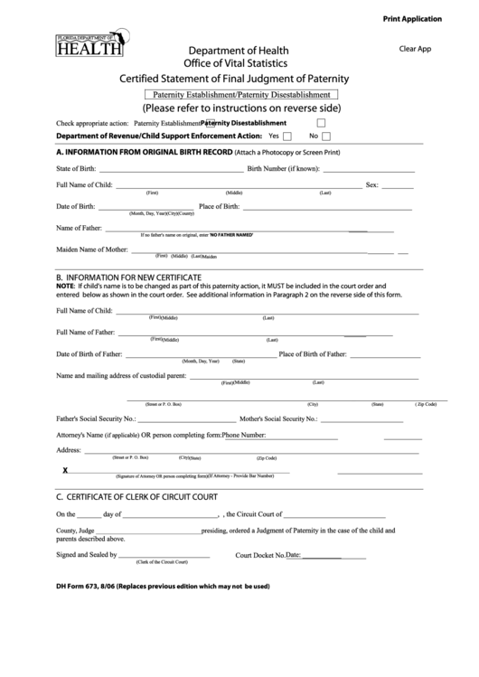 Fillable Dh Form 673 - Certified Statement Of Final Judgment Of Paternity - Florida Department Of Health Printable pdf