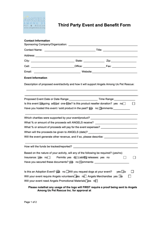 Third Party Event And Benefit Form Printable pdf