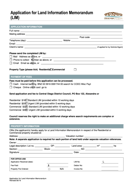 Application Form For Land Information Memorandum Printable pdf
