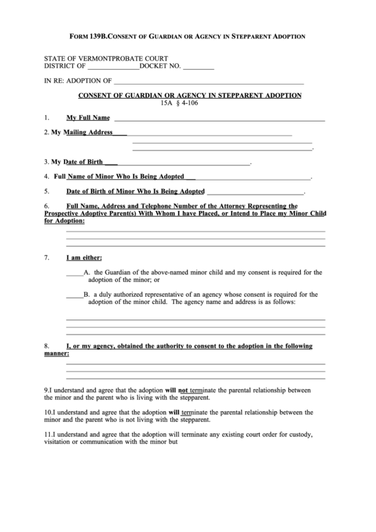 Fillable Form 139b. Consent Of Guardian Or Agency In Stepparent Adoption Printable pdf