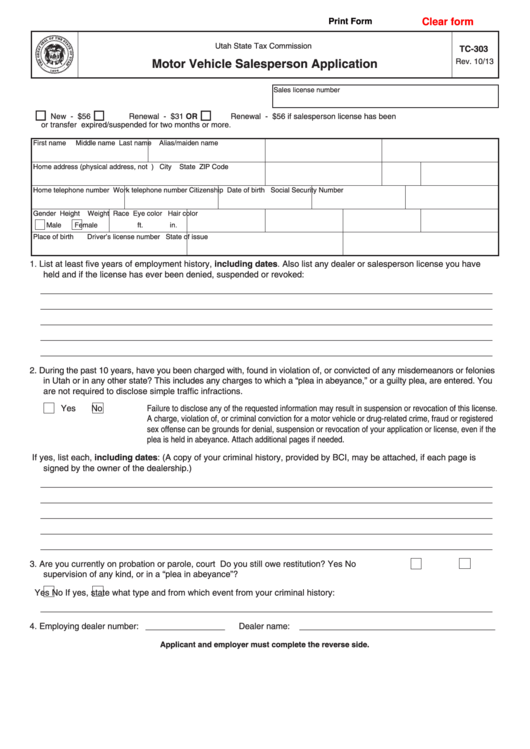 Fillable Form Tc-303 - Motor Vehicle Salesperson Application Printable pdf