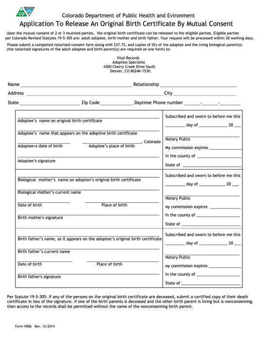 Application To Release An Original Birth Certificate By Mutual Consent Printable pdf