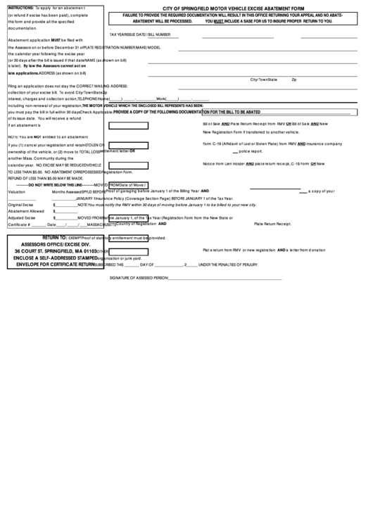 City Of Springfield Motor Vehicle Excise Abatement Form Printable pdf