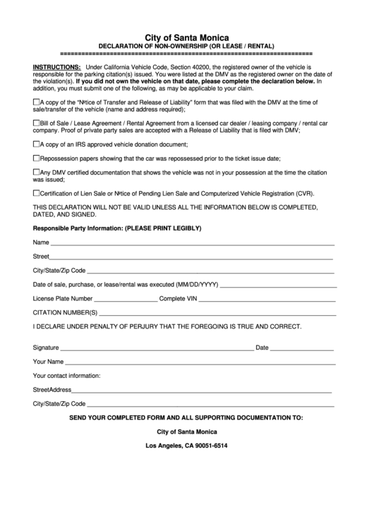 Fillable Declaration Of Non-Ownership (Or Lease / Rental) Form Printable pdf