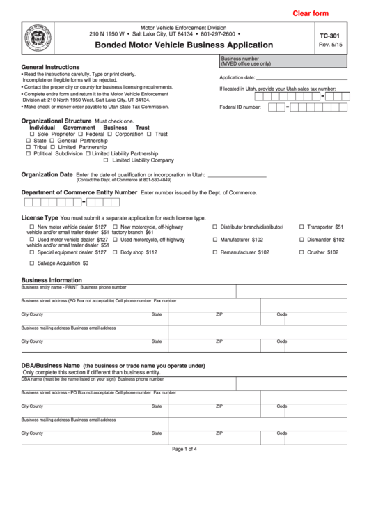 Fillable Form Tc-301 - Bonded Motor Vehicle Business Application Printable pdf