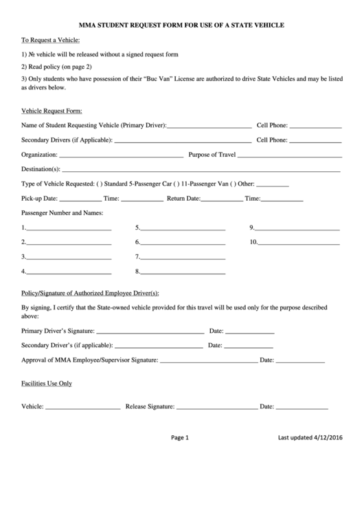 Student Request Form For Use Of A State Vehicle