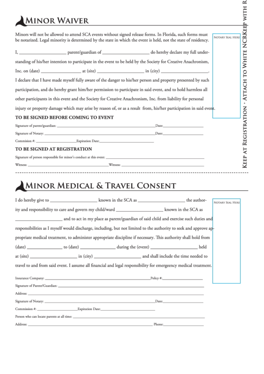 Minor Waiver & Consent To Travel Form Printable pdf