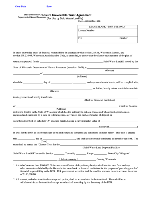 Fillable Form 4400-068 - Closure Irrevocable Trust Agreement (For Use By Solid Waste Landfills) - State Of Wisconsin Department Of Natural Resources Printable pdf