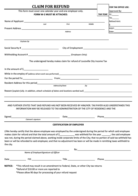 Fillable Claim For Refund Form - City Of Louisville, Ohio Printable pdf