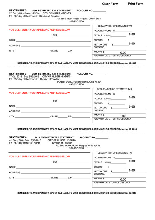 Fillable Estimated Tax Statements Form - City Of Huber Heights - 2016 Printable pdf