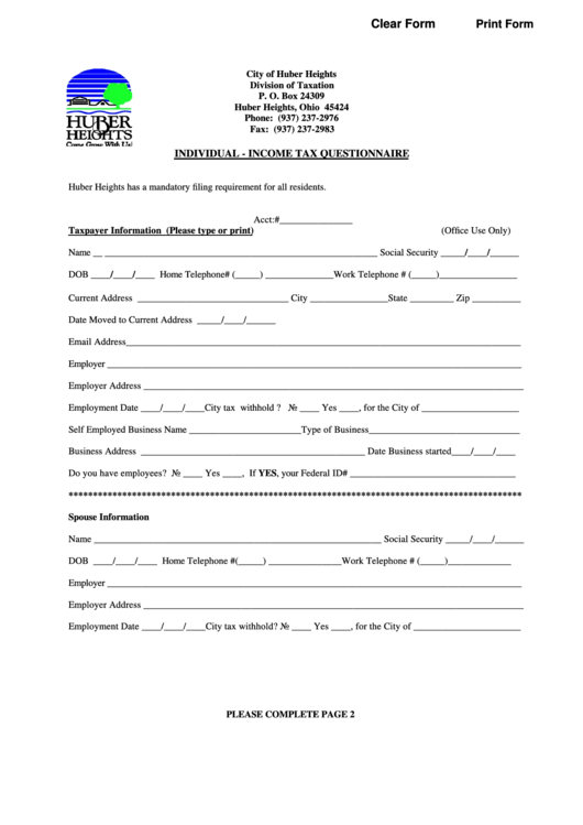 Fillable Individual Tax Questionnaire Form - City Of Huber Heights Printable pdf