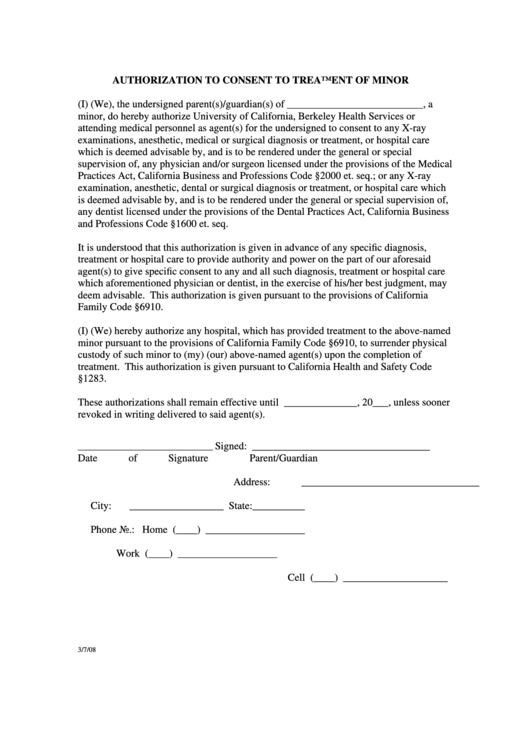 Authorization To Consent To Treatment Of Minor Form Printable pdf