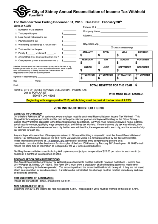 Fillable Form Sw-3 - Annual Reconciliation Of Income Tax Withheld - 2016 Printable pdf