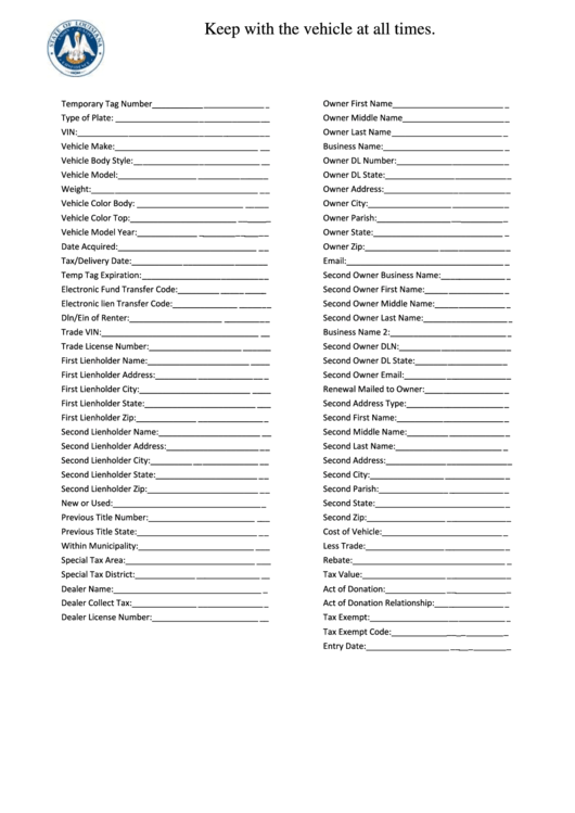 Fillable Temporary Vehicle Tag Receipt Spreadsheet Printable pdf