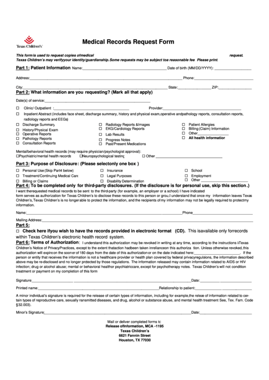 Medical Records Request Form Printable pdf