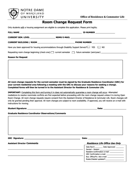 Room Change Request Form Printable pdf