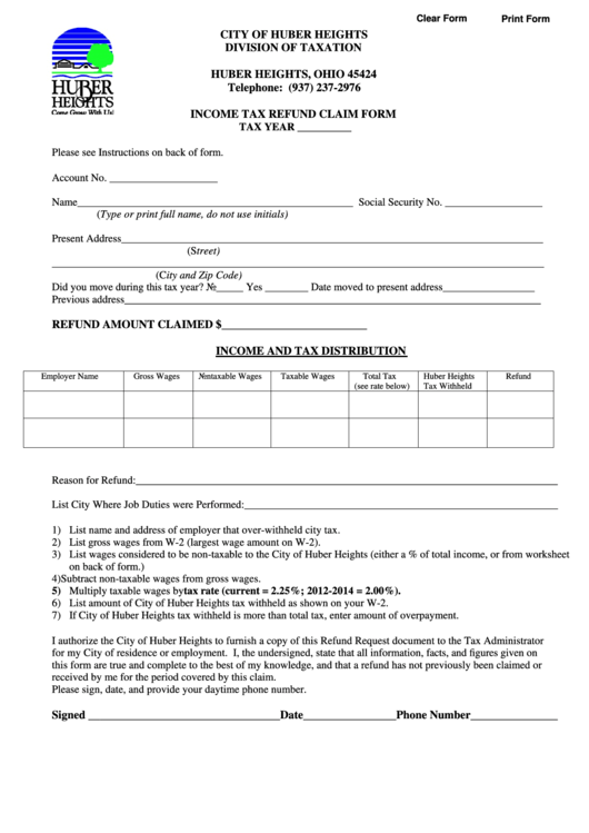 Fillable Income Tax Refund Claim Form City Of Huber Heights Printable 
