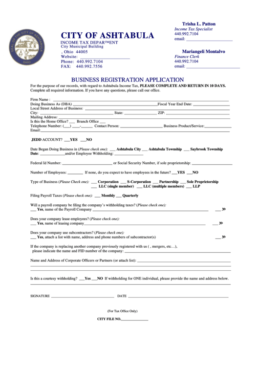 Business Registration Application Form - City Of Ashtabula Printable pdf