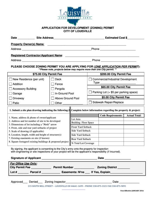 Application For Zoning/development Permit Form - City Of Louisville Printable pdf