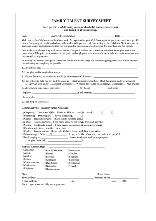 Family Talent Survey Sheet Printable pdf
