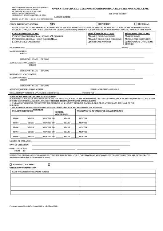 Application For Child Care Program/residential Child Care Program License Form Printable pdf