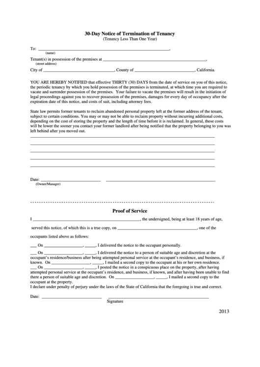 Fillable 30-Day Notice Of Termination Of Tenancy Form (Tenancy Less Than One Year) - 2013 Printable pdf
