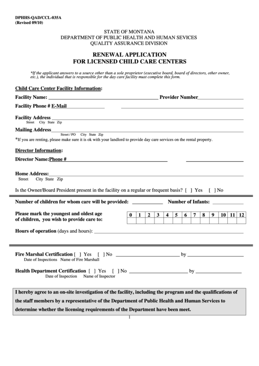 Fillable Form Dphhs-Qad/ccl-035a Renewal Application For Licensed Child Care Centers Printable pdf
