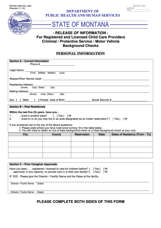 Fillable Form Dphhs-Qad/ccl-20a - Release Of Information For Registered And Licensed Child Care Providers Criminal Printable pdf