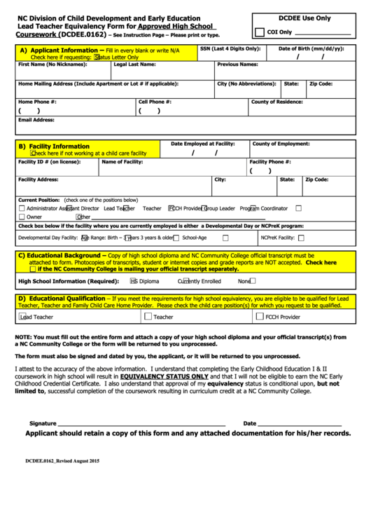 Fillable Form Dcdee.0162 Lead Teacher Equivalency Form For Approved High School Coursework Printable pdf