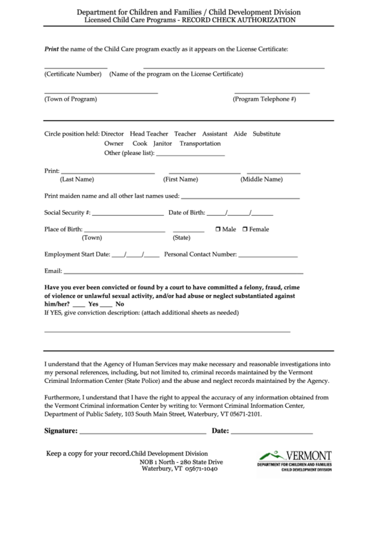 Record Check Authorization Form - Department For Children And Families Printable pdf