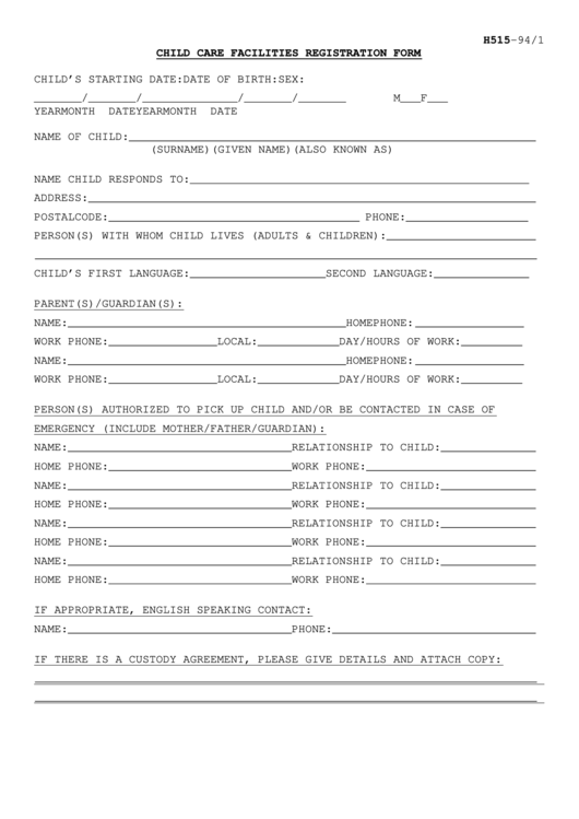 H515 Child Care Facilities Registration Form Printable pdf
