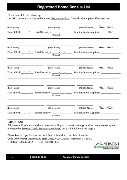 Registered Home Census List Form - Vermont Department For Children And Families Printable pdf