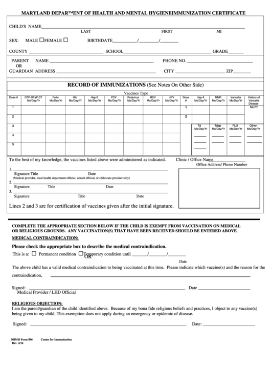 Dhmh Form 896 - Immunization Certificate Printable pdf
