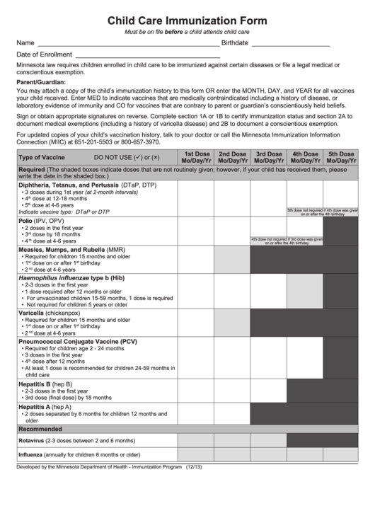 Child Care Immunization Form Printable pdf