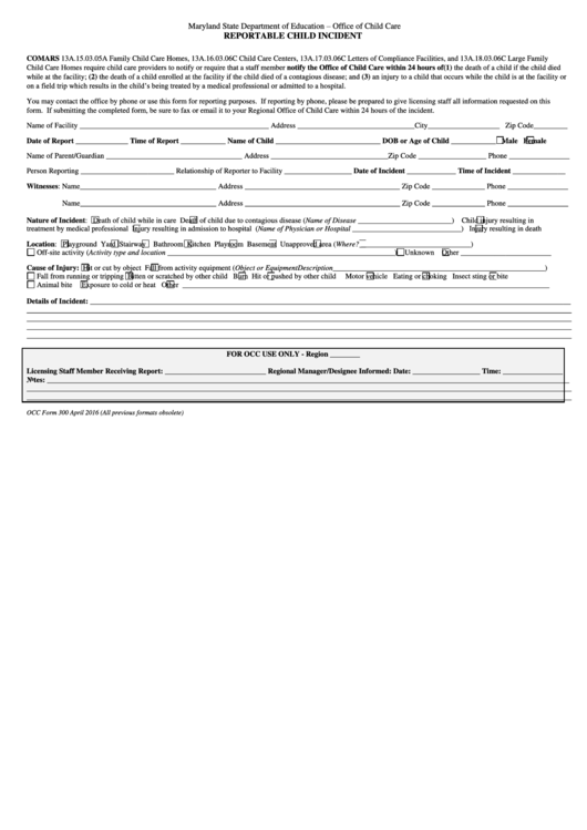 Occ Form 300 Reportable Child Incident Form Printable pdf