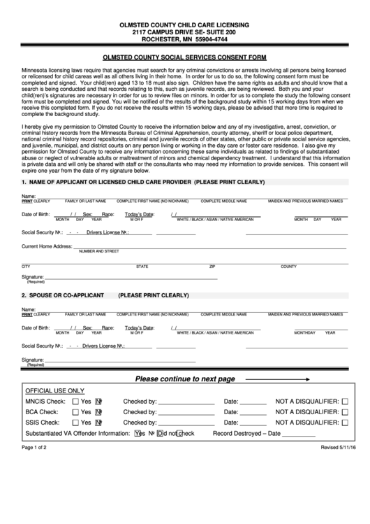 Olmsted County Social Services Consent Form - Olmsted County Child Care Licensing Printable pdf