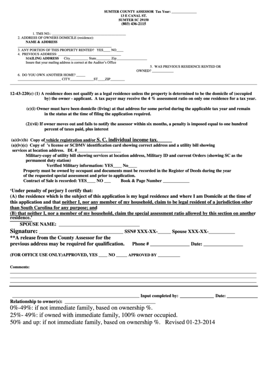 Legal Residence Application Form - Sumter County Assessor Printable pdf