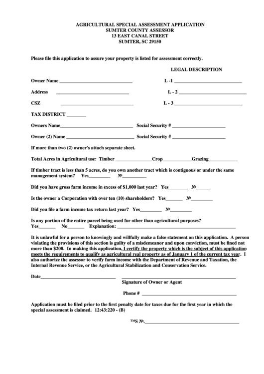 Agricultural Special Assessment Application Form - Sumter County Assessor Printable pdf