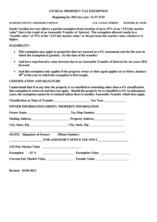 Ati Real Property Tax Exemption Form - Sumter County Assessor