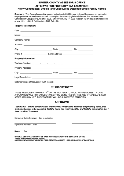 Affidavit For Property Tax Exemption Form - Sumter County Assessor
