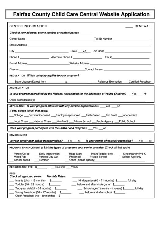 Fairfax County Child Care Central Website Application Form Printable pdf