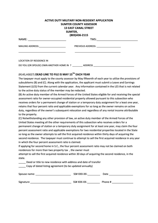 Active Duty Military Non-Resident Application Form Printable pdf