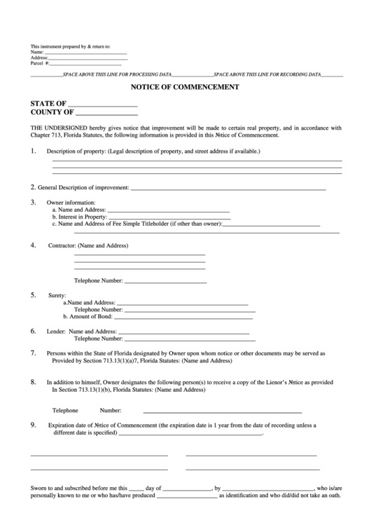 Notice Of Commencement Form Printable pdf