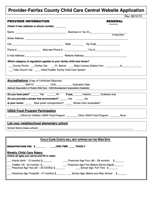 Provider-fairfax County Child Care Central Website Application Form